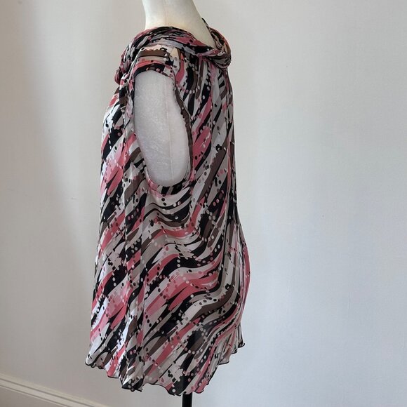 2X Abstract Print Sleeveless Cowl Neck Blouse Pink Black Flowy Dressy Office Top - Picture 3 of 15